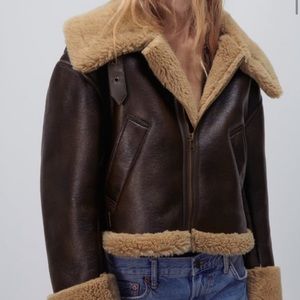ZARA faux fur teddy Jacket with lapel Belt Buckle High Neck collar